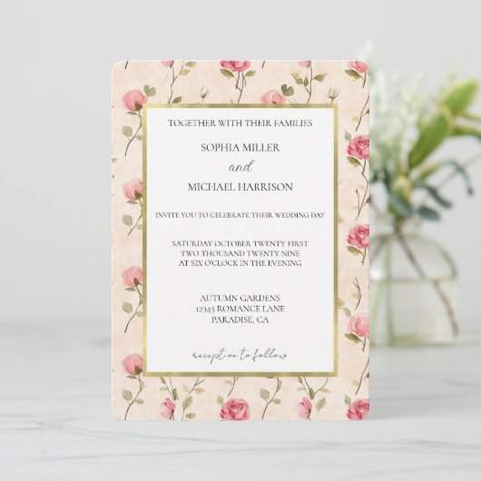 Mooie Roze Crème Rozen Bloemige Bruiloft Kaart (Staand voorkant)