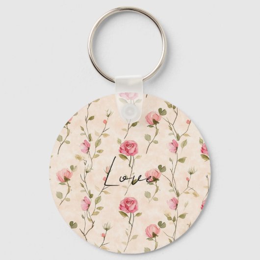 Mooie Roze Crème Rozen Bloemige Liefde Sleutelhanger (Voorkant)