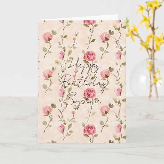 Mooie Roze Crème Rozen Bloemige Verjaardag Kaart (Gele Bloem)