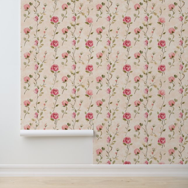 Mooie Roze Crème Rozen Bloemstuk Behang (Applicatie)