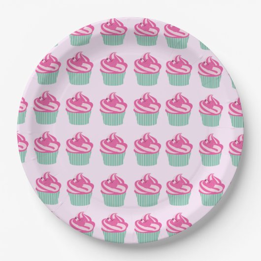 Mooie Roze Cupcakes Patroon Licht Roze Papieren Bordje (Voorkant)