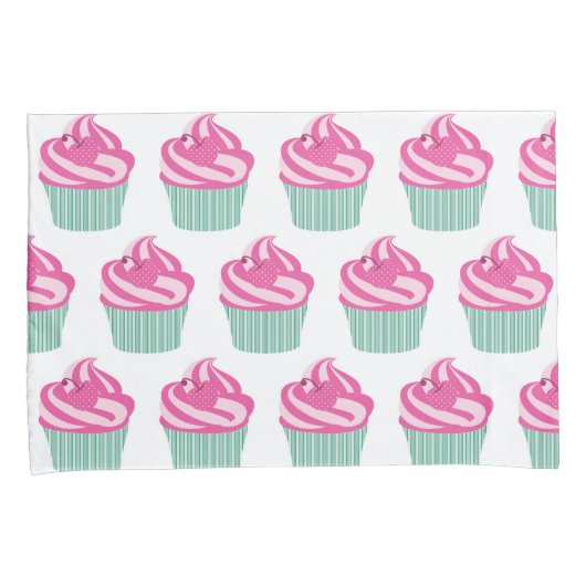 Mooie Roze Cupcakes Patroon Pastel Roze en Wit Kussensloop (Voorkant-Rechts)