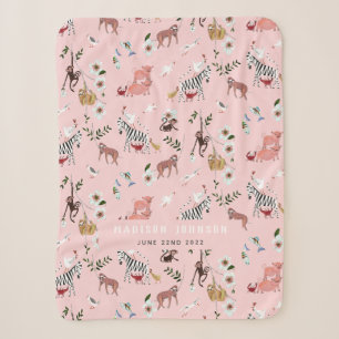 Mooie roze dieren luiaard, zebra & vogels kinderka sherpa deken