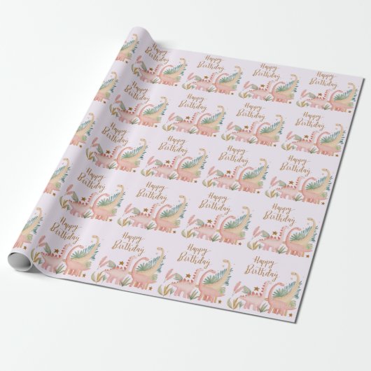 Mooie roze dino cadeaupapier (Uitgerold)