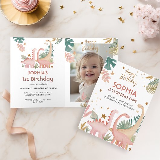 Mooie roze dino gevouwen uitnodiging