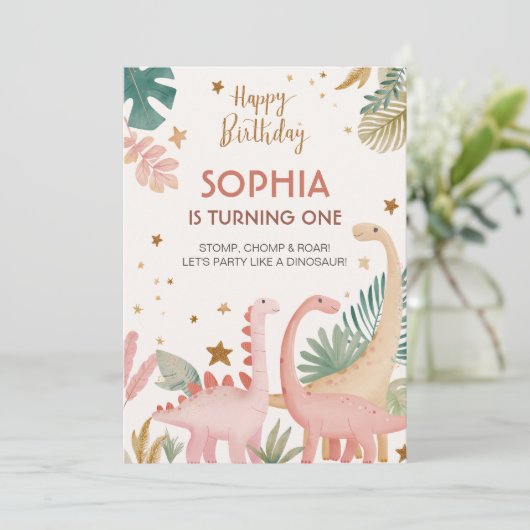 Mooie roze dino kaart (Staand voorkant)