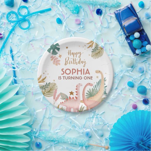 Mooie roze dino papieren bordje (Feest)