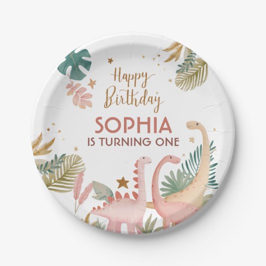 Mooie roze dino papieren bordje (Voorkant)
