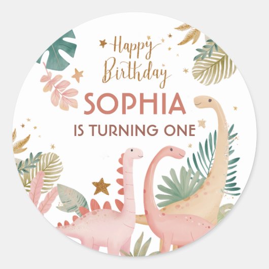 Mooie roze dino ronde sticker (Voorkant)