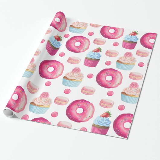 Mooie roze doughnuts en cupcakes op wit cadeaupapier (Uitgerold)