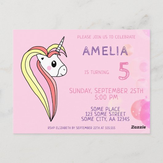 Mooie Roze Eenhoorn Kinderverjaardagsuitnodiging Briefkaart (Achterkant)