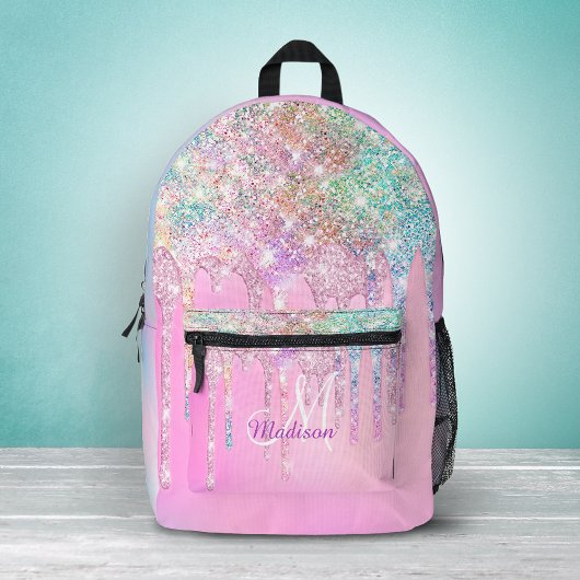 Mooie Roze Eenhoorn Regenboog Glitter Drips monogr Bedrukte Rugzak