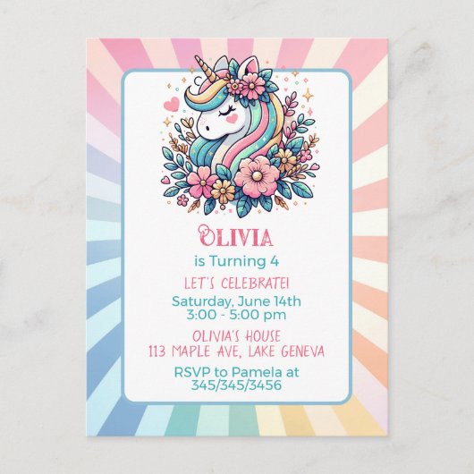 Mooie Roze Eenhoorn Thema Meisjes Verjaardagsuitno Briefkaart (Voorkant)