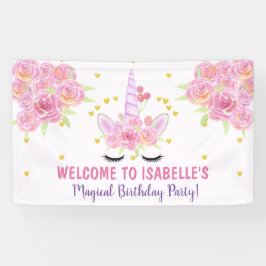 Mooie Roze Eenhoorn Waterverf Bloemen Verjaardag Spandoek