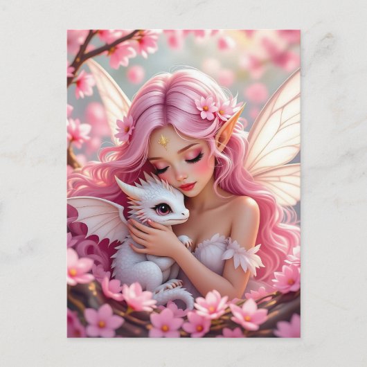 Mooie Roze Elfenfee & Draak Briefkaart (Voorkant)