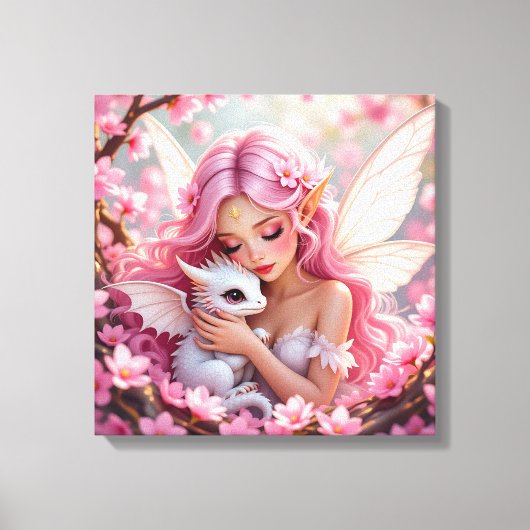 Mooie Roze Elfenfee & Draak Canvas Afdruk (Voorkant)