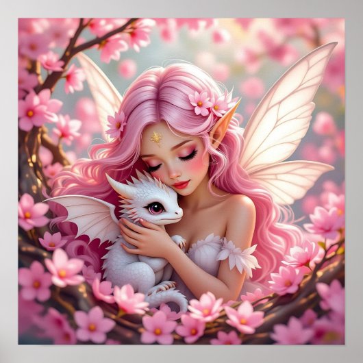 Mooie Roze Elfenfee & Draak Poster (Voorkant)