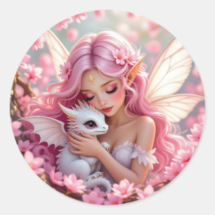 Mooie Roze Elfenfee & Draak Ronde Sticker