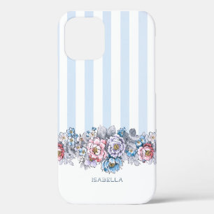 Mooie roze en blauwe bloemen en strepen met naam iPhone 12 hoesje