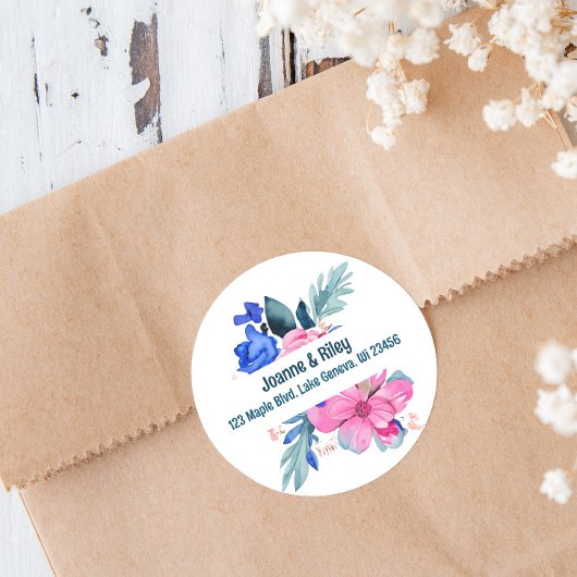 Mooie Roze en Blauwe Bloemen Gepersonaliseerd Ronde Sticker