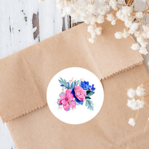 Mooie roze en blauwe bloemen  ronde sticker