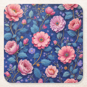 Mooie roze en blauwe bloemmotief kartonnen onderzetters