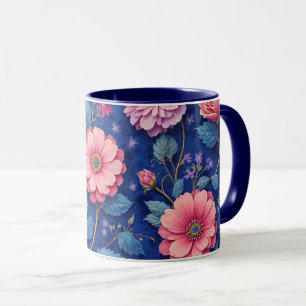Mooie roze en blauwe bloemmotief mok