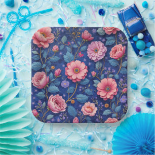 Mooie roze en blauwe bloemmotief papieren bordje