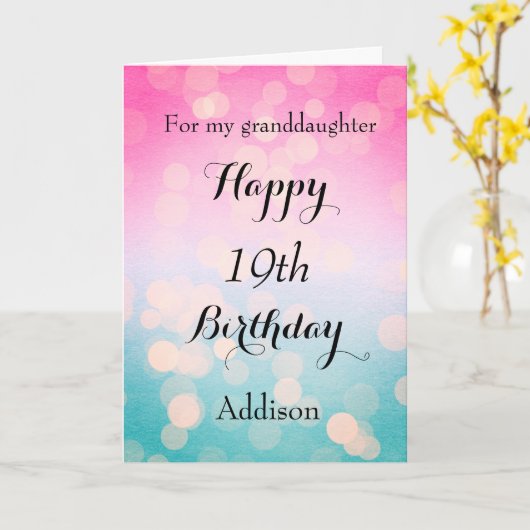 Mooie Roze en Blauwe Bokeh 19e verjaardag Kaart (Gele Bloem)