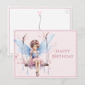 Mooie roze en blauwe fee op schommel briefkaart (Voorkant / Achterkant)