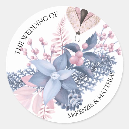 Mooie roze en blauwe kerstboomrand ronde sticker (Voorkant)