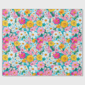 Mooie Roze en Blauwe Retro Bloemen Cadeaupapier (Vlak)