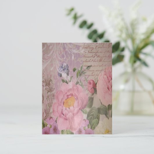 Mooie  roze en blauwe rozen en bloemen briefkaart (Staand voorkant)