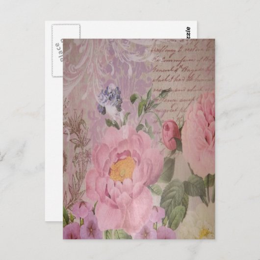 Mooie  roze en blauwe rozen en bloemen briefkaart (Voorkant / Achterkant)