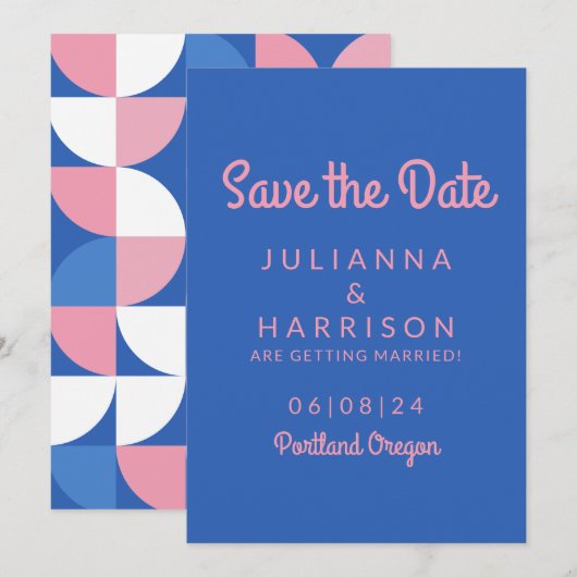 Mooie roze en blauwe speelse typografie save the date (Voorkant / Achterkant)