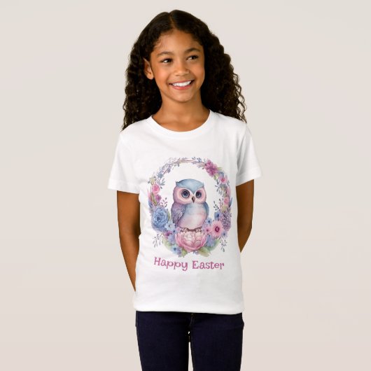Mooie roze en blauwe uil in een krans Pasen T-shirt (Voorkant volledig)