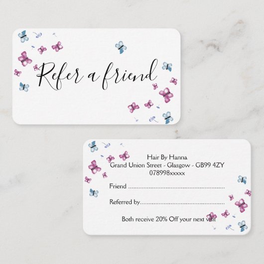 Mooie roze en blauwe vlinderdoorvoerkaart visitekaartje (Voorkant / Achterkant)