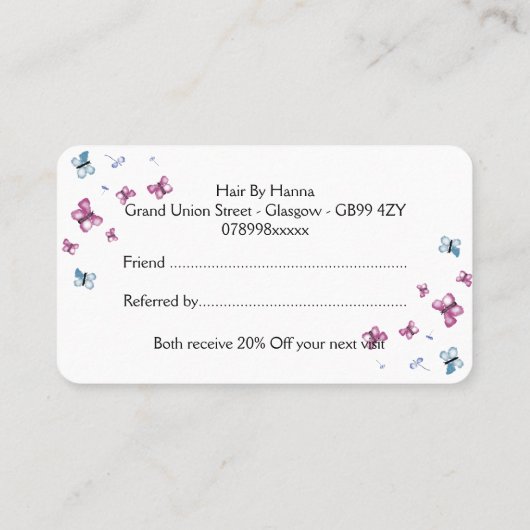 Mooie roze en blauwe vlinderdoorvoerkaart visitekaartje (Achterkant)