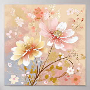 Mooie roze en gele bloemen schilderij poster