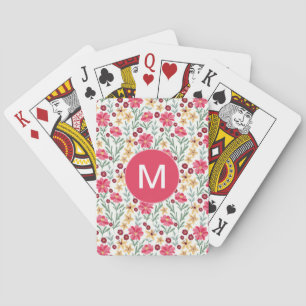 Mooie roze en gele vintage bloemenmonogram pokerkaarten
