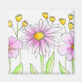 Mooie Roze en Gele Waterverf Bloemen Magneet