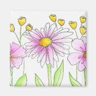 Mooie Roze en Gele Waterverf Bloemen Magneet