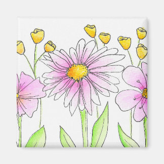 Mooie Roze en Gele Waterverf Bloemen Magneet