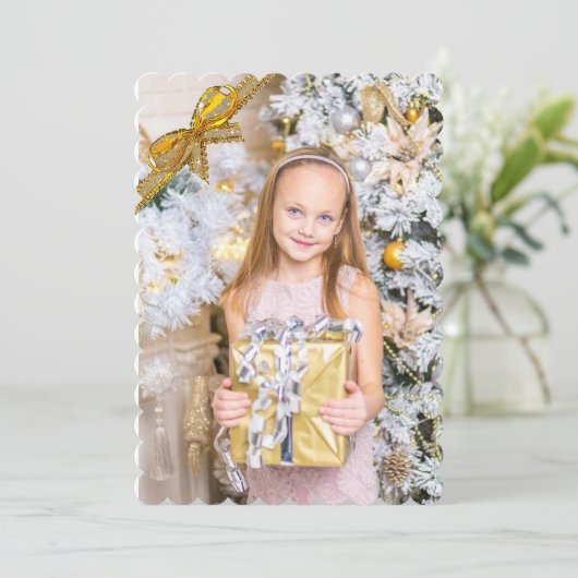 Mooie roze en gouden kerstkaart, foto's toevoegen feestdagenkaart (Staand voorkant)