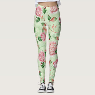 Mooie Roze en Groene Bloem Leggings