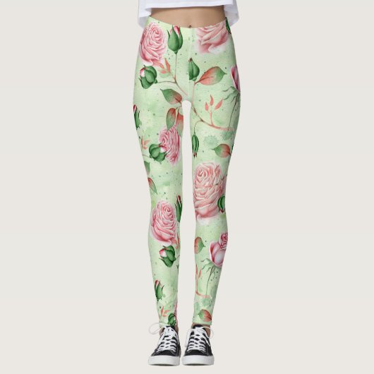Mooie Roze en Groene Bloem Leggings (Voorkant)