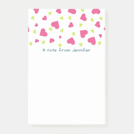 Mooie roze en groene tuimelende hartenpatroon post-it® notes (Voorkant)