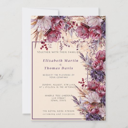 Mooie roze en mauve elegante bloemen kaart (Voorkant)