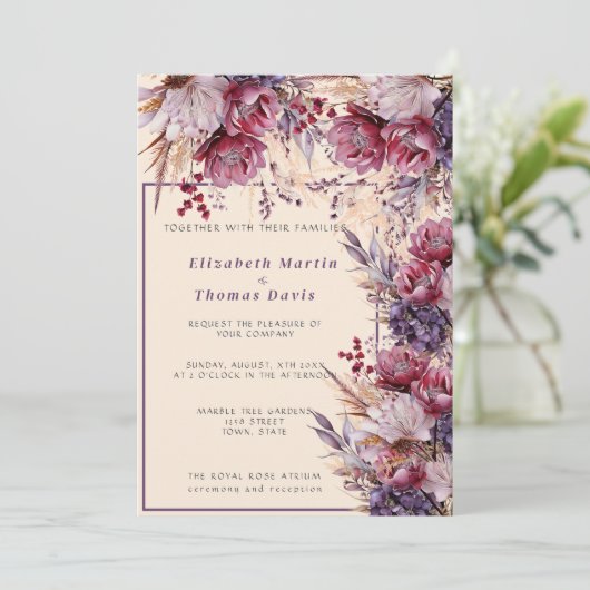 Mooie roze en mauve elegante bloemen kaart (Staand voorkant)