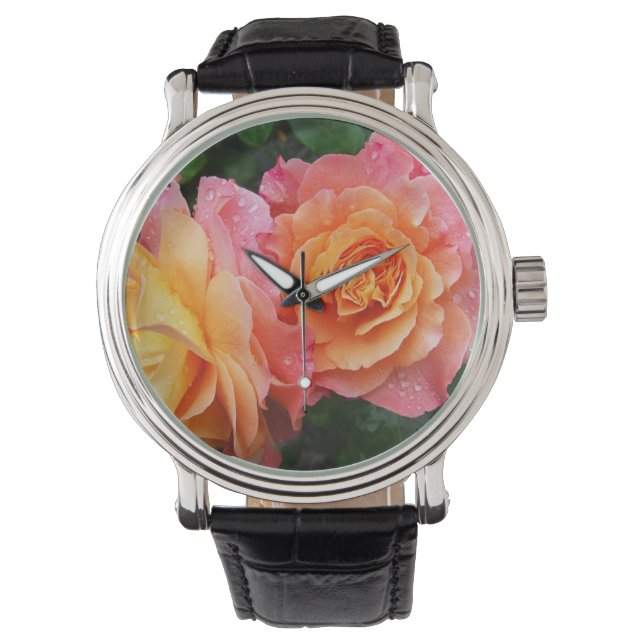 Mooie roze en oranje roos foto horloge (Voorkant)